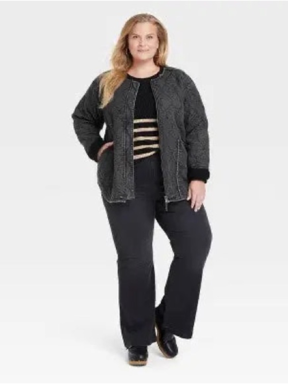 Knox Rose Black Wash Denim Diamond-Shaped Quilted Zip-Up Jacket Size 1X NWT